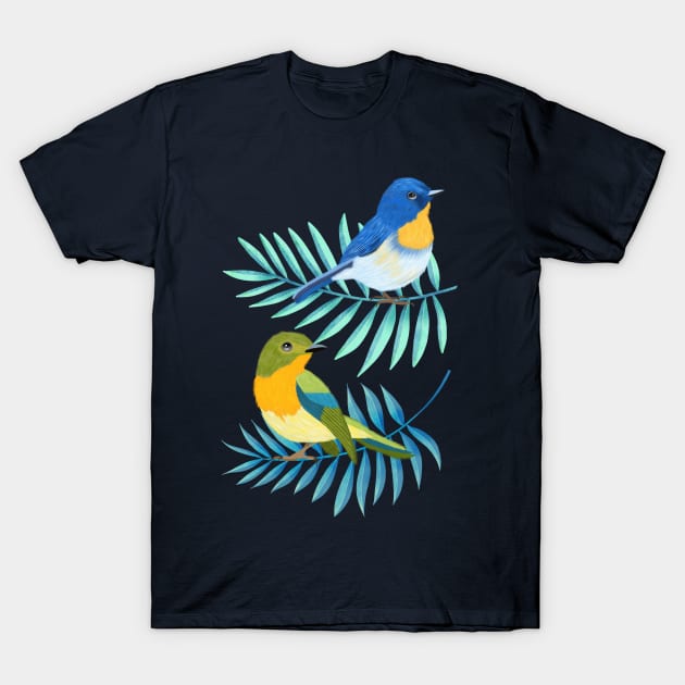 Tropical birds and palm leaves T-Shirt by CalliLetters